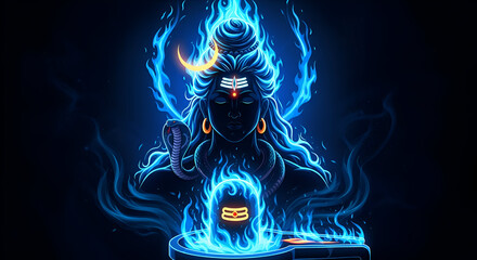 Lord Shiva Abstract Digital Artwork in Intense Blue Flame Energy Mahadev Shankar Bhagwan Silhouette Meditating on Shivling Cosmic Power Aura Indian God Hindu Religion Festival Concept Divine Spiritual