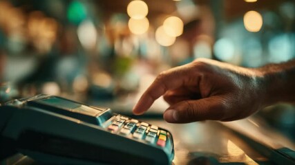 Person making payment at card terminal in a busy cafe during afternoon hours - Powered by Adobe