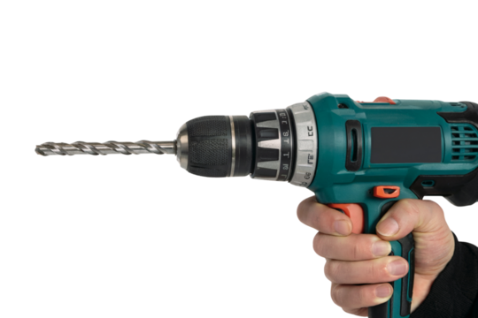 Hand holding cordless drill ready to drill . Isolated on transparent background, png