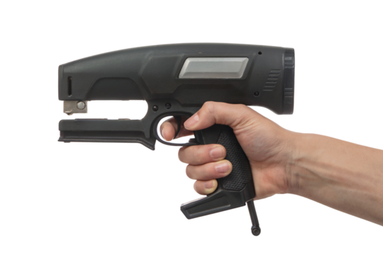 Hand holding electric stapler . Isolated on transparent background, png
