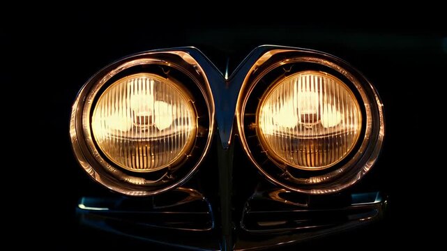 Close-up of glowing car headlights at night

