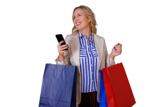 Happy woman holding shopping bags and mobile phone while looking away, enjoying retail therapy and sales - Powered by Adobe