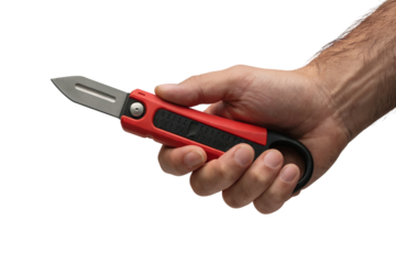 hand holding an utility knife, focused on utility and precision  . Isolated on transparent background, png