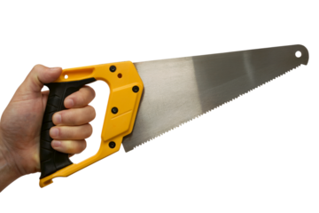 hand holding a yellow saw ready for project . Isolated on transparent background, png
