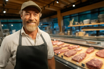 Male butcher wearing cap smiling next to glass meat counter filled with fresh cuts in modern store