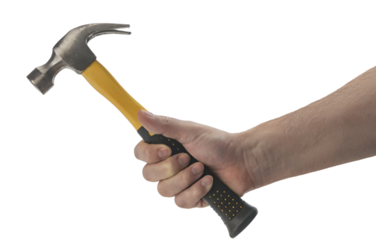 hand holding hammer . Isolated on transparent background, png