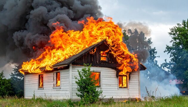 火事で建物が炎に包まれ屋根まで燃え上がる壮絶な火災の一瞬