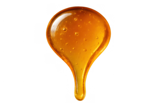 Golden liquid honey dripping, forming a viscous stream with a translucent texture and air bubbles, isolated on transparency