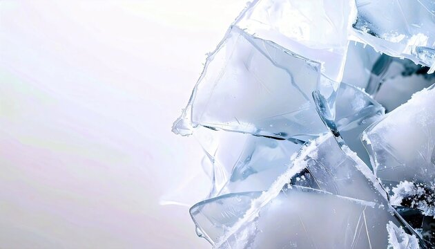 Sharp, translucent ice fragments with frosty edges are piled together, creating an abstract, textured pattern against a bright white background.