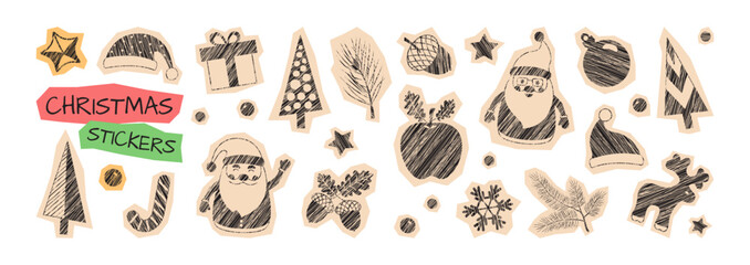 Christmas crayon sticker, winter scrapbook paper set. Santa hat, Xmas fir tree scribble. Doodle gift box, ball, apple, acorn. Reindeer and snowflake stickers isolated on white bg. Vector illustration