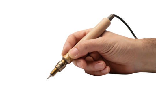 Hand holding wood burning tool ready for craft . Isolated on transparent background, png