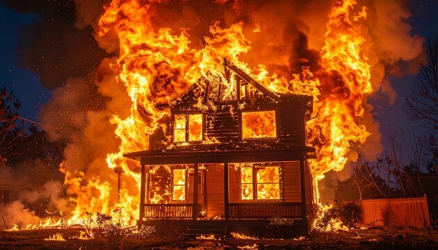 夜空を焦がす火事で建物が炎に包まれ光が漏れる災害の瞬間