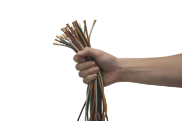 hand holding bundle of electrical wires . Isolated on transparent background, png
