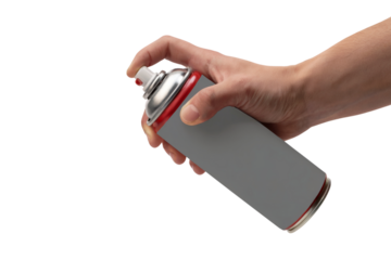 Hand holding gray spray paint can for DIY projects . Isolated on transparent background, png