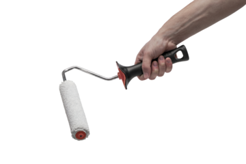 hand holding a paint roller in anticipation of renovation . Isolated on transparent background, png