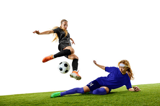 Female football striker sprinting toward ball in decisive match moment. Concept of match storytelling, body in motion, sports campaigns, teamwork education, youth coaching.