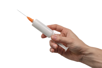human hand holding a syringe with orange top . Isolated on transparent background, png