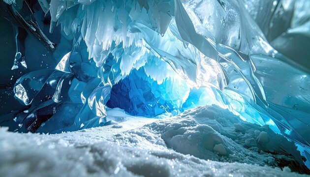An abstract view inside a cave formed of ice and snow, illuminated by a bright blue light emanating from within.