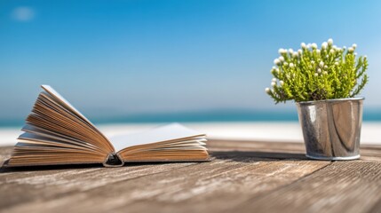 Relaxing day by the beach with a book and a potted plant under a clear blue sky