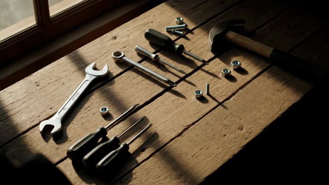 Various tools and hardware items including a wrench, screwdrivers, and bolts laid out on a wooden surface with sunlight animation
