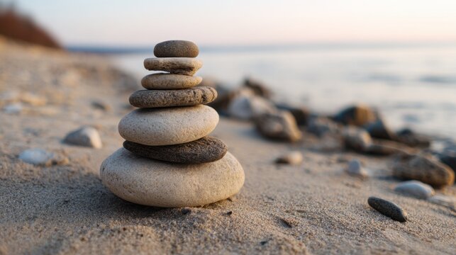 Stones carefully stacked in a tranquil arrangement on a sandy shore near the water at sunset