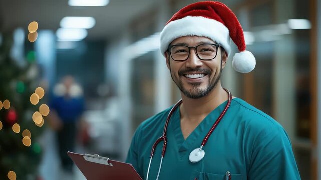 Joyful male physician in scrubs and Santa hat stands in a hospital corridor with clipboard, smiling while working on Christmas beside a decorated tree and bokeh lights