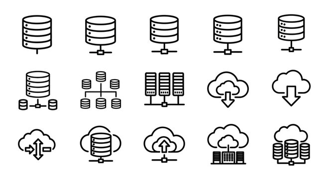 Minimalist black line art icons depicting data, database, server, and cloud computing concepts.