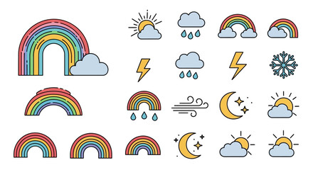 A colorful set of cartoon weather forecast icons with bold black outlines, featuring rainbows, sun, clouds, and lightning bolts.
