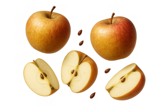 Fresh whole and sliced apples with visible seeds, providing nutritious and healthy food on a transparent background for easy use