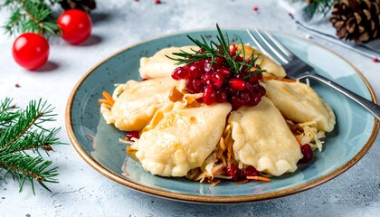 Festive Pierogi Dish with Cranberries and Rosemary for Christmas.