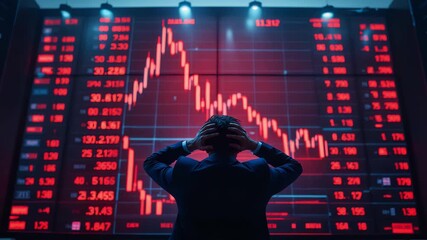Investor distressed amid collapsing stock graphs and flashing numbers - Powered by Adobe
