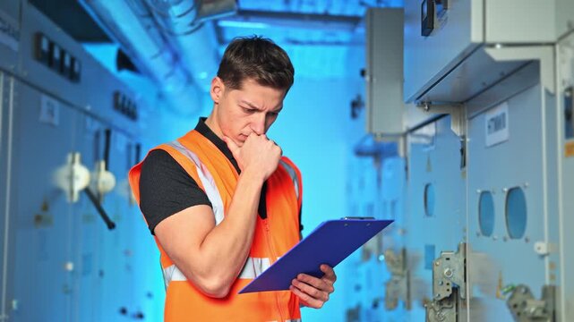 Dedicated engineer in orange vest performs detailed industrial equipment inspection. Focus evident, ensuring precision and reliability in critical systems.