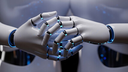 Futuristic anthropomorphic robot handshake, a concept of artificial intelligence, agreement and partnership