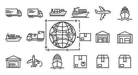 Minimalist Global Logistics Line Art Icons Set for Shipping and Delivery.