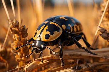 Closeup of a Black and Yellow Beetle on Wheat Stalks