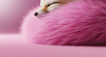 Cute fennec fox sleeping in a pink fluffy ball of fur with water drops, a concept of tenderness and comfort