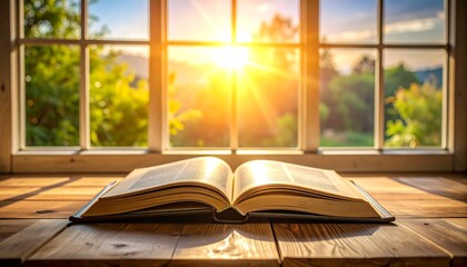 Open Book on Wooden Table with Sunlight Streaming Through Window.