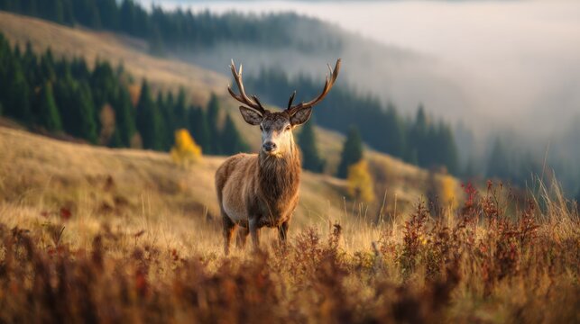 Majestic stag stands in a serene landscape at dawn with rolling hills and misty forest backdrop