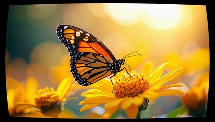 A monarch butterfly with orange and black wings rests on the center of a bright yellow flower, bathed in warm sunlight.