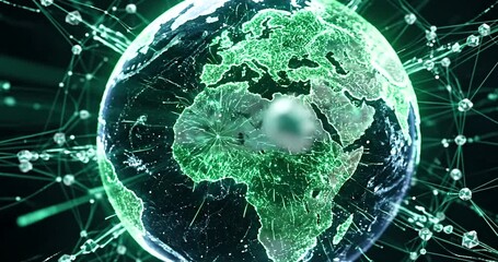 Digital abstract representation of planet earth with glowing continents and interconnected network of nodes and lines, symbolizing global connectivity and data transfer - Powered by Adobe