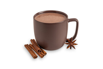 Cozy hot chocolate or homemade sweet cocoa drink with dried cinnamon sticks and star anise spices served in dark brown cup isolated on white background for comfortable breakfast as festive dessert