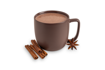 Cozy hot chocolate or homemade sweet cocoa drink with dried cinnamon sticks and star anise spices served in dark brown cup isolated on white background for comfortable breakfast as festive dessert