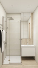 A modern minimalist bathroom featuring a glass shower enclosure, light beige tiles, a floating white vanity, and warm wood accents, creating a clean and calming contemporary space
