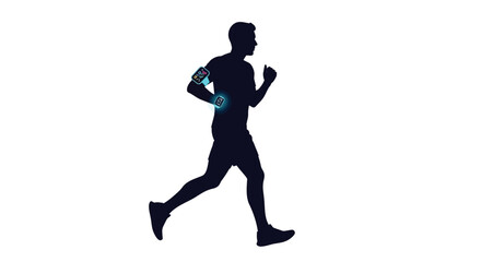 Silhouette of a male runner in motion with a smartphone armband against a white background