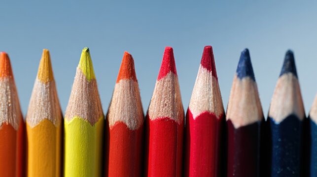 Colorful arrangement of sharpened pencils against a clear blue sky during bright daylight - Powered by Adobe