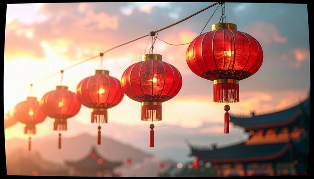 A line of red Chinese lanterns hangs against a sunset sky, with traditional Asian architecture visible in the background.