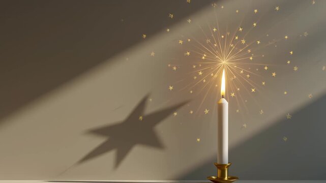 white candle with glowing golden flame casting star-shaped shadow on wall, surreal minimal festive design