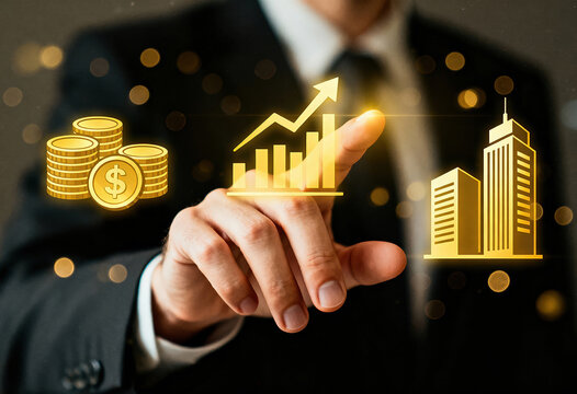 Businessman touching holographic interface showing finance charts money stacks and buildings representing investment profit and success