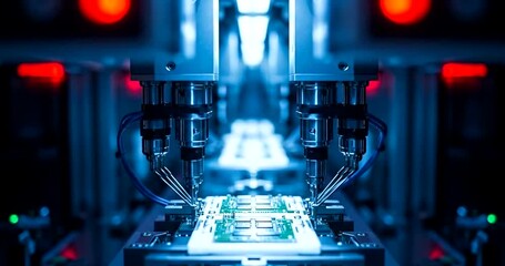 Automated robotic arms precisely place electronic components onto a green circuit board in a futuristic factory setting with blue lighting and red and green indicator lights - Powered by Adobe