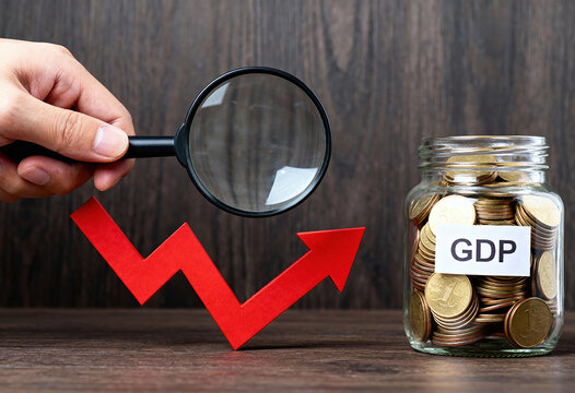 Magnifying glass examining a rising red arrow next to a jar of coins labeled Gross Domestic Product GDP, symbolizing economic analysis and profit - Powered by Adobe